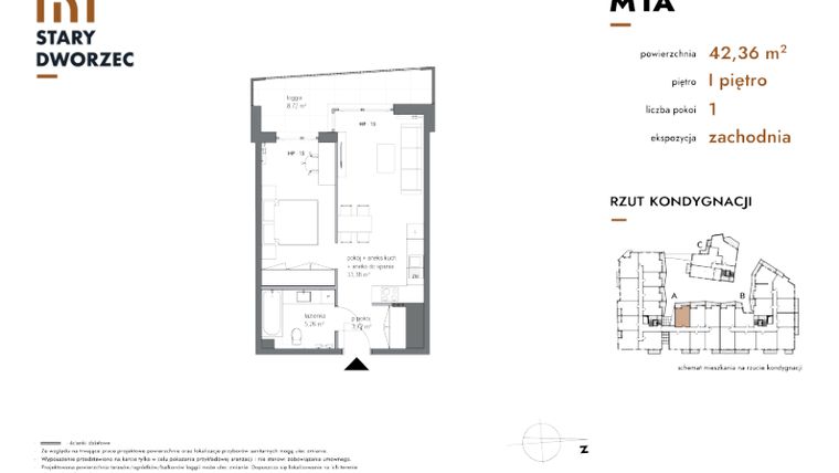 Rzut - Mieszkanie na sprzedaż 2 pokoje o powierzchni 42,36 m² - numer M 1A w Stary Dworzec