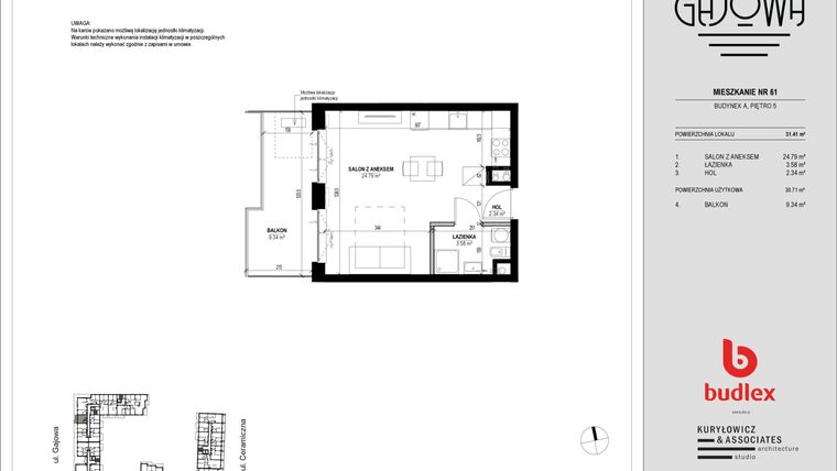 Rzut - Mieszkanie na sprzedaż 1 pokój o powierzchni 31,43 m² - numer 61 w Gajowa bud. A