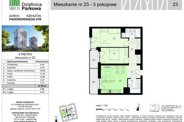 Rzut - Mieszkanie na sprzedaż 3 pokoje o powierzchni 67,09 m² - numer 23/B7 w Dzielnica Parkowa VII