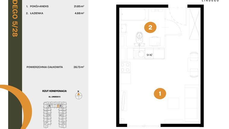 Rzut - Mieszkanie na sprzedaż 1 pokój o powierzchni 26,73 m² - numer 28 w CLOU LINDEGO
