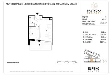 Rzut - Mieszkanie na sprzedaż 2 pokoje o powierzchni 37,89 m² - numer A.1.11 w Bałtycka Sea Park