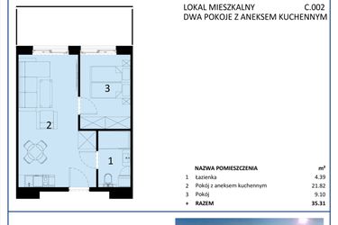 Rzut - Mieszkanie na sprzedaż 2 pokoje o powierzchni 35,31 m² - numer C.002 w Perłowa Przystań - Sianożęty - etap III