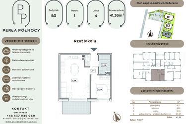 Rzut - Mieszkanie na sprzedaż 2 pokoje o powierzchni 41,36 m² - numer B3.1_4 w Perła Północy etap 2