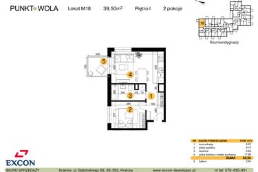 Rzut - Mieszkanie na sprzedaż 2 pokoje o powierzchni 39,5 m² - numer M18 w Punkt Wola
