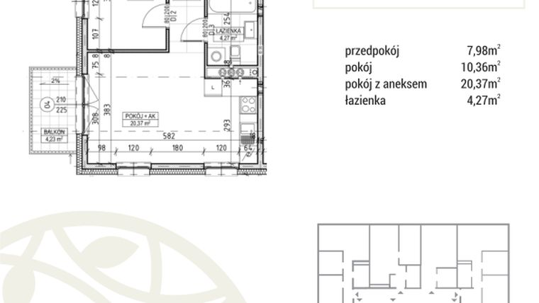 Rzut - Mieszkanie na sprzedaż 2 pokoje o powierzchni 42,98 m² - numer A3.01.09 w Zakątek Flora