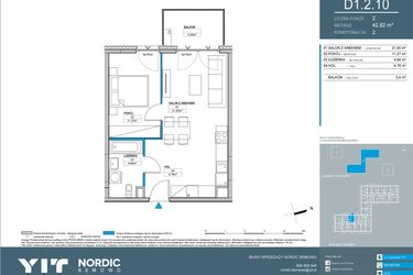 Rzut - Mieszkanie na sprzedaż 2 pokoje o powierzchni 42,82 m² - numer D1.2.10 w Nordic Bemowo - etap IV