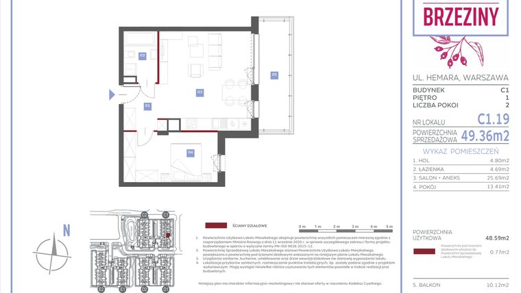 Rzut - Mieszkanie na sprzedaż 2 pokoje o powierzchni 49,36 m² - numer C1.19 w Miasteczko Brzeziny II