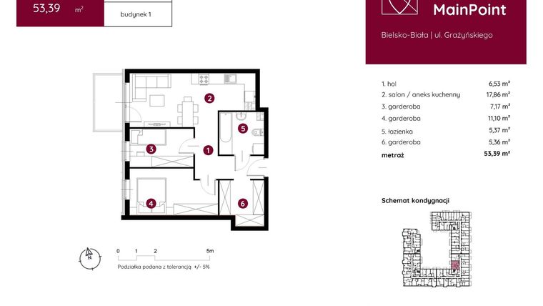 Rzut - Mieszkanie na sprzedaż 1 pokój o powierzchni 53,39 m² - numer 1.B.1.01 w Murapol MainPoint
