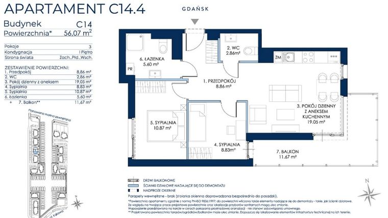 Rzut - Mieszkanie na sprzedaż 3 pokoje o powierzchni 56,04 m² - numer C14.4 w Sol Marina etap III