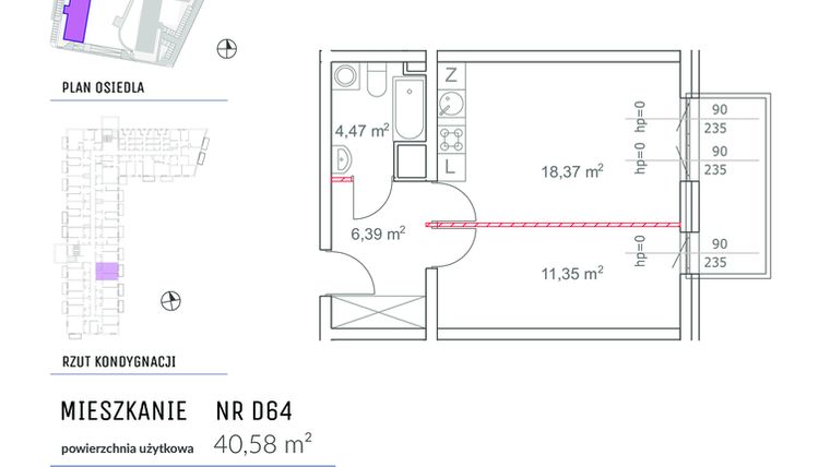 Rzut - Mieszkanie na sprzedaż 2 pokoje o powierzchni 40,58 m² - numer D64 w Osiedle Impresja 2