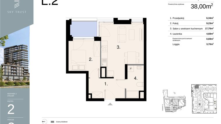Rzut - Mieszkanie na sprzedaż 2 pokoje o powierzchni 38,69 m² - numer L2 w Sky Trust etap II - Apartamenty inwestycyjne