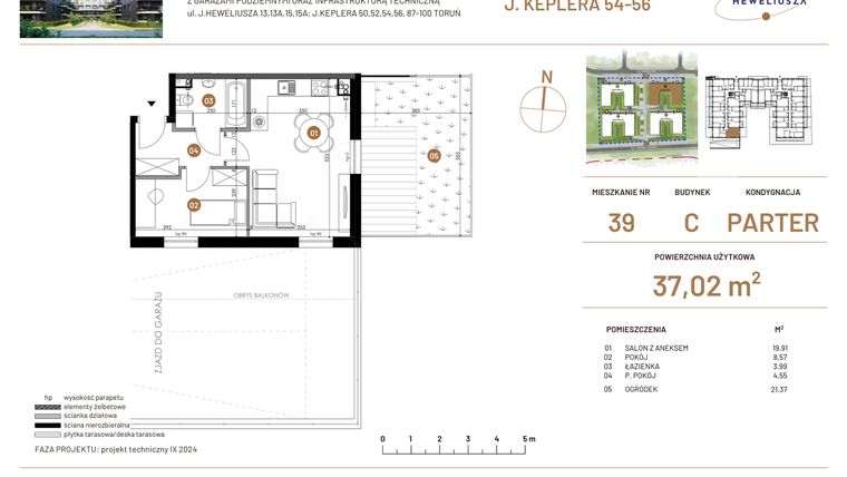 Rzut - Mieszkanie na sprzedaż 2 pokoje o powierzchni 37,02 m² - numer JAR-III-C-LM-M39 w Osiedle JAR Heweliusza etap III