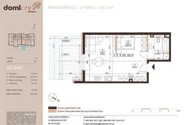 Rzut - Mieszkanie na sprzedaż 1 pokój o powierzchni 41,5 m² - numer B3 w Domkove Widzew