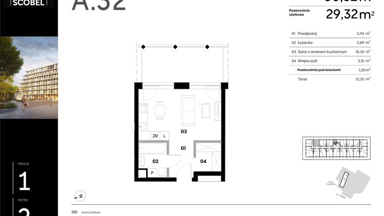 Rzut - Mieszkanie na sprzedaż 1 pokój o powierzchni 30,52 m² - numer A.32 w Browar HUGO SCOBEL