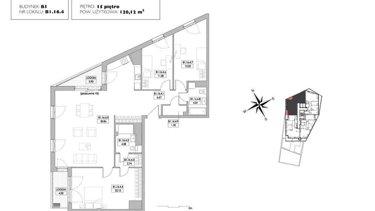 Rzut - Mieszkanie na sprzedaż 4 pokoje o powierzchni 119,14 m² - numer B1.16.4 w Alvarium 2.0