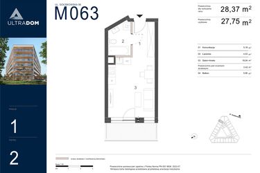 Rzut - Mieszkanie na sprzedaż 1 pokój o powierzchni 28,37 m² - numer M063 w Ultradom
