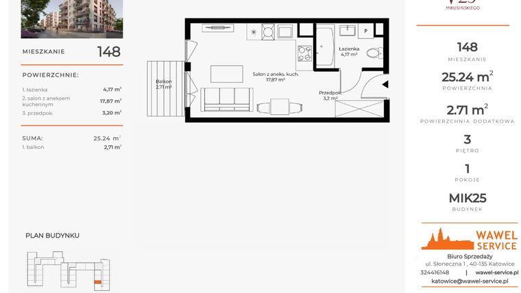 Rzut - Mieszkanie na sprzedaż 1 pokój o powierzchni 25,24 m² - numer 148 w Mikusińskiego 25