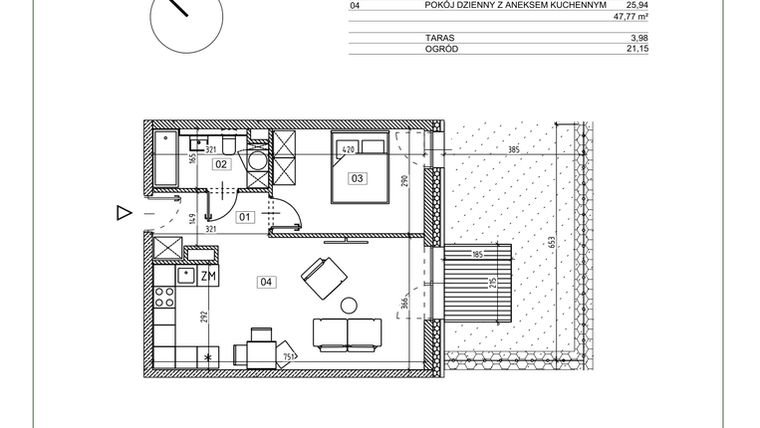 Rzut - Mieszkanie na sprzedaż 2 pokoje o powierzchni 47,77 m² - numer I.M02 w Osiedle Glivia Zachodnia