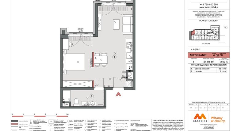 Rzut - Mieszkanie na sprzedaż 1 pokój o powierzchni 41,76 m² - numer A.08.08 w Żelazna 54