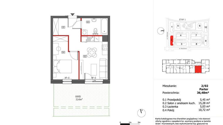 Rzut - Mieszkanie na sprzedaż 2 pokoje o powierzchni 36,48 m² - numer 2/2 w Słoneczny Zakątek