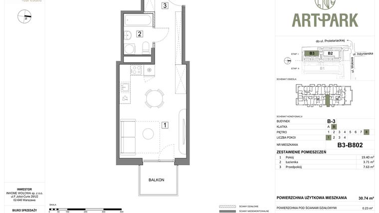 Rzut - Mieszkanie na sprzedaż 1 pokój o powierzchni 30,94 m² - numer B.3.B802 w ArtPark