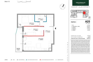 Rzut - Mieszkanie na sprzedaż 3 pokoje o powierzchni 62,05 m² - numer A025 w Grunwald Między Drzewami etap II