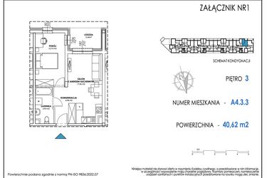 Rzut - Mieszkanie na sprzedaż 2 pokoje o powierzchni 40,62 m² - numer A4.3.3 w Apartamenty Nowe Miasto
