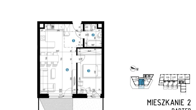 Rzut - Mieszkanie na sprzedaż 2 pokoje o powierzchni 47,8 m² - numer 6C.2 w Parkowa 6AC - ETAP III