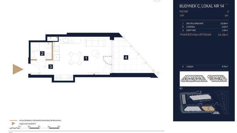 Rzut - Mieszkanie na sprzedaż 1 pokój o powierzchni 29,78 m² - numer C14 w Rezydencja Zegrze etap III