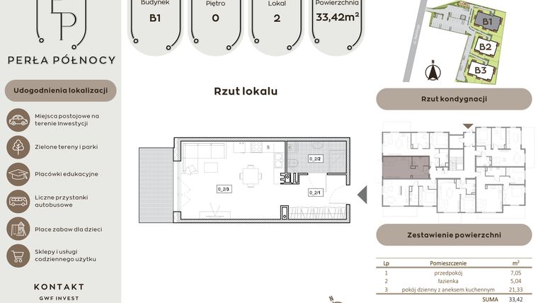 Rzut - Mieszkanie na sprzedaż 1 pokój o powierzchni 33,42 m² - numer B1.0_2 w Perła Północy etap 2
