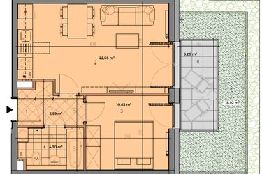 Rzut - Mieszkanie na sprzedaż 2 pokoje o powierzchni 41,88 m² - numer R.1.0.02 w Partynice House II budynek P i R