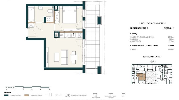 Rzut - Mieszkanie na sprzedaż 1 pokój o powierzchni 35,91 m² - numer 1. M2. w Przy Placu Wolności