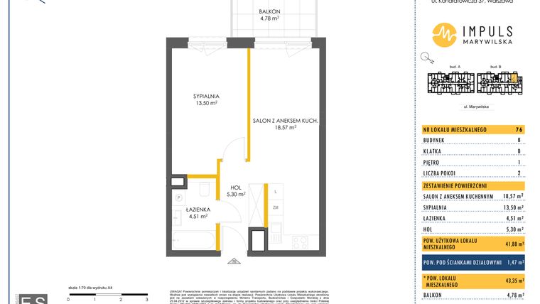 Rzut - Mieszkanie na sprzedaż 2 pokoje o powierzchni 41,88 m² - numer B/76 w Impuls Marywilska