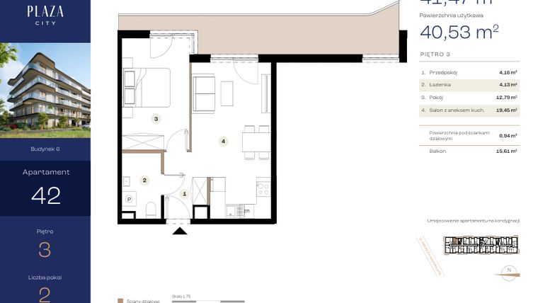 Rzut - Mieszkanie na sprzedaż 2 pokoje o powierzchni 41,47 m² - numer B6M42 w Plaza City