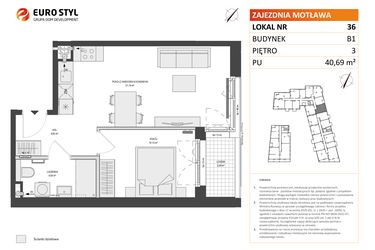 Rzut - Mieszkanie na sprzedaż 2 pokoje o powierzchni 40,69 m² - numer B1.36 w Zajezdnia Motława