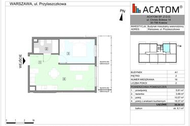 Rzut - Mieszkanie na sprzedaż 2 pokoje o powierzchni 38,54 m² - numer A1.16 w Wawer Go 2.0