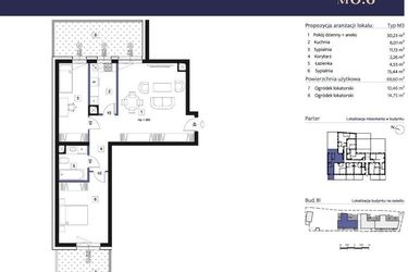 Rzut - Mieszkanie na sprzedaż 3 pokoje o powierzchni 69,6 m² - numer B1 – M0.6 w Primacasa
