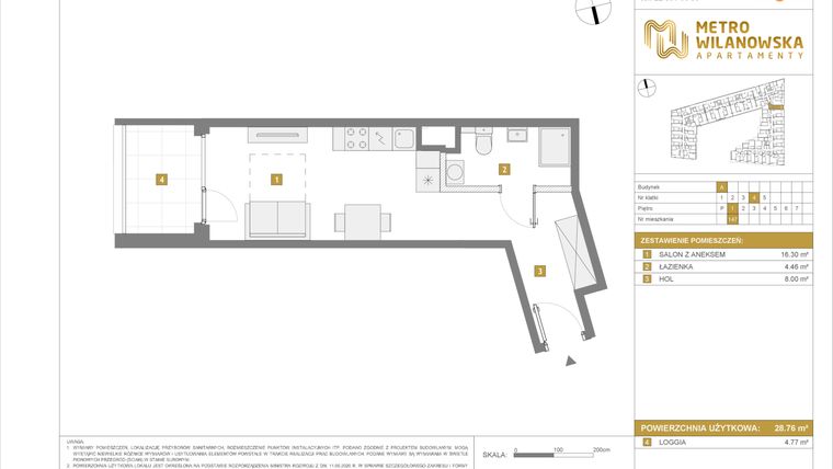 Rzut - Mieszkanie na sprzedaż 1 pokój o powierzchni 28,76 m² - numer 147 w Apartamenty Metro Wilanowska