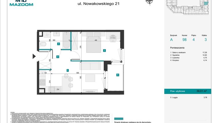 Rzut - Mieszkanie na sprzedaż 2 pokoje o powierzchni 39,01 m² - numer 98 w Błonie Vita