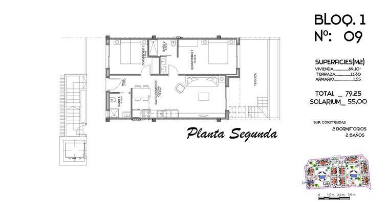 Rzut - Mieszkanie na sprzedaż 2 pokoje o powierzchni 79,25 m² - numer 9 w Mieszkania w Guardamar del Segura - 58228876