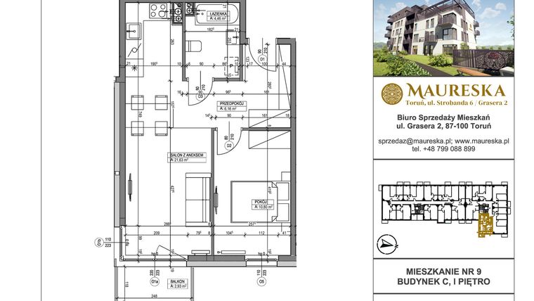 Rzut - Mieszkanie na sprzedaż 2 pokoje o powierzchni 43,05 m² - numer C.9 w Osiedle Maureska etap 2