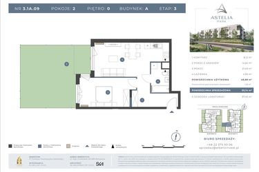 Rzut - Mieszkanie na sprzedaż 2 pokoje o powierzchni 48,88 m² - numer 3.1A.09 w Astelia Park etap 1A i 3