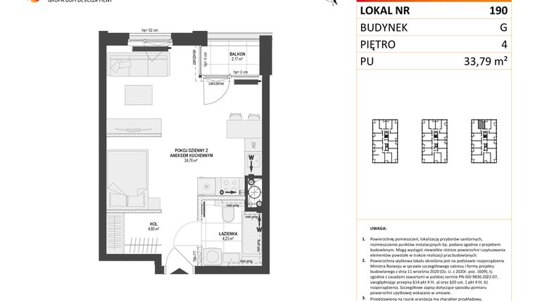 Rzut - Mieszkanie na sprzedaż 1 pokój o powierzchni 33,79 m² - numer G.190 w DOKI etap II (bud. G)