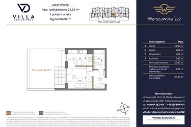 Rzut - Mieszkanie na sprzedaż 1 pokój o powierzchni 32,83 m² - numer 1 w Warszawska 222 bud. D