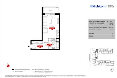 Rzut - Mieszkanie na sprzedaż 1 pokój o powierzchni 34,32 m² - numer L2.130 w Wieża Jeżyce etap VI