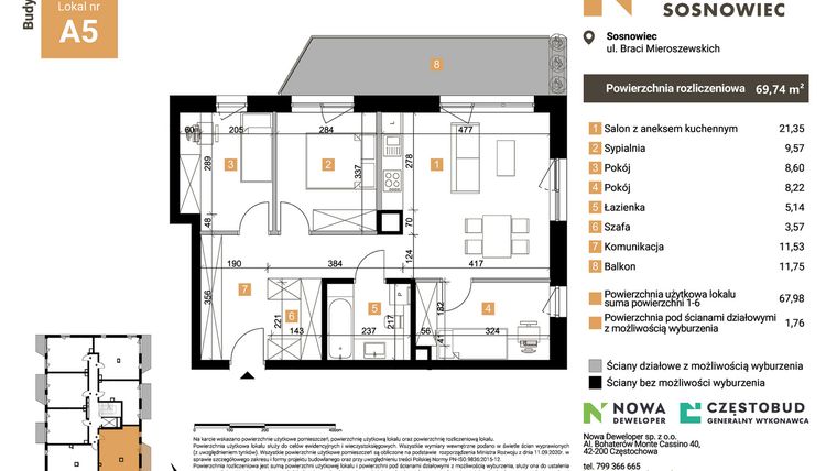Rzut - Mieszkanie na sprzedaż 4 pokoje o powierzchni 69,74 m² - numer A5 w Nowy Sosnowiec