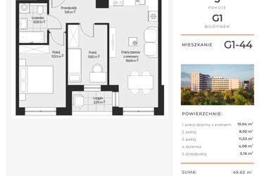 Rzut - Mieszkanie na sprzedaż 3 pokoje o powierzchni 49,63 m² - numer G1-44 w Piasta Park VI