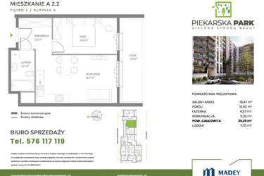 Rzut - Mieszkanie na sprzedaż 2 pokoje o powierzchni 39,29 m² - numer A2.2 w Piekarska Park