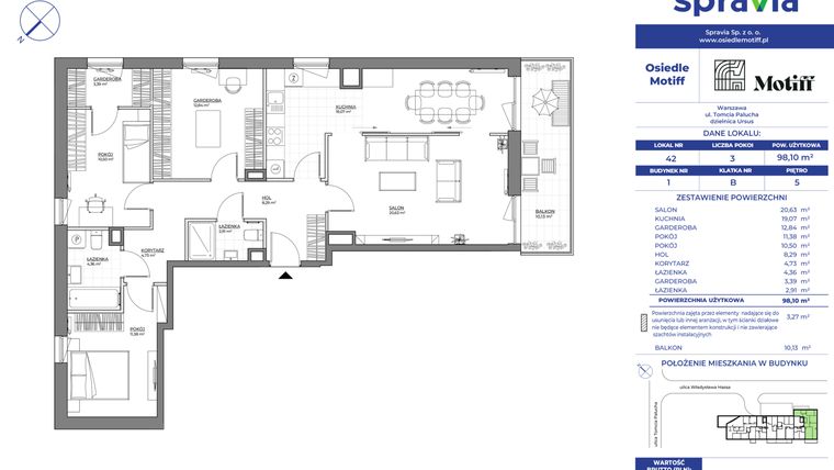 Rzut - Mieszkanie na sprzedaż 3 pokoje o powierzchni 98,1 m² - numer 1/42 w Osiedle Motiff