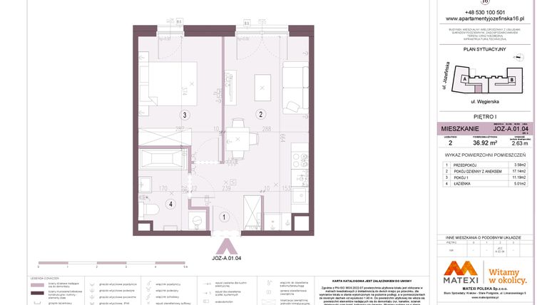 Rzut - Mieszkanie na sprzedaż 2 pokoje o powierzchni 36,92 m² - numer A.01.04 w Apartamenty Józefińska